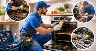 فني صيانة أفران محترف أثناء إصلاح فرن داخل مطبخ منزلي حديث