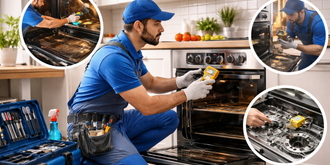 فني صيانة أفران محترف أثناء إصلاح فرن داخل مطبخ منزلي حديث
